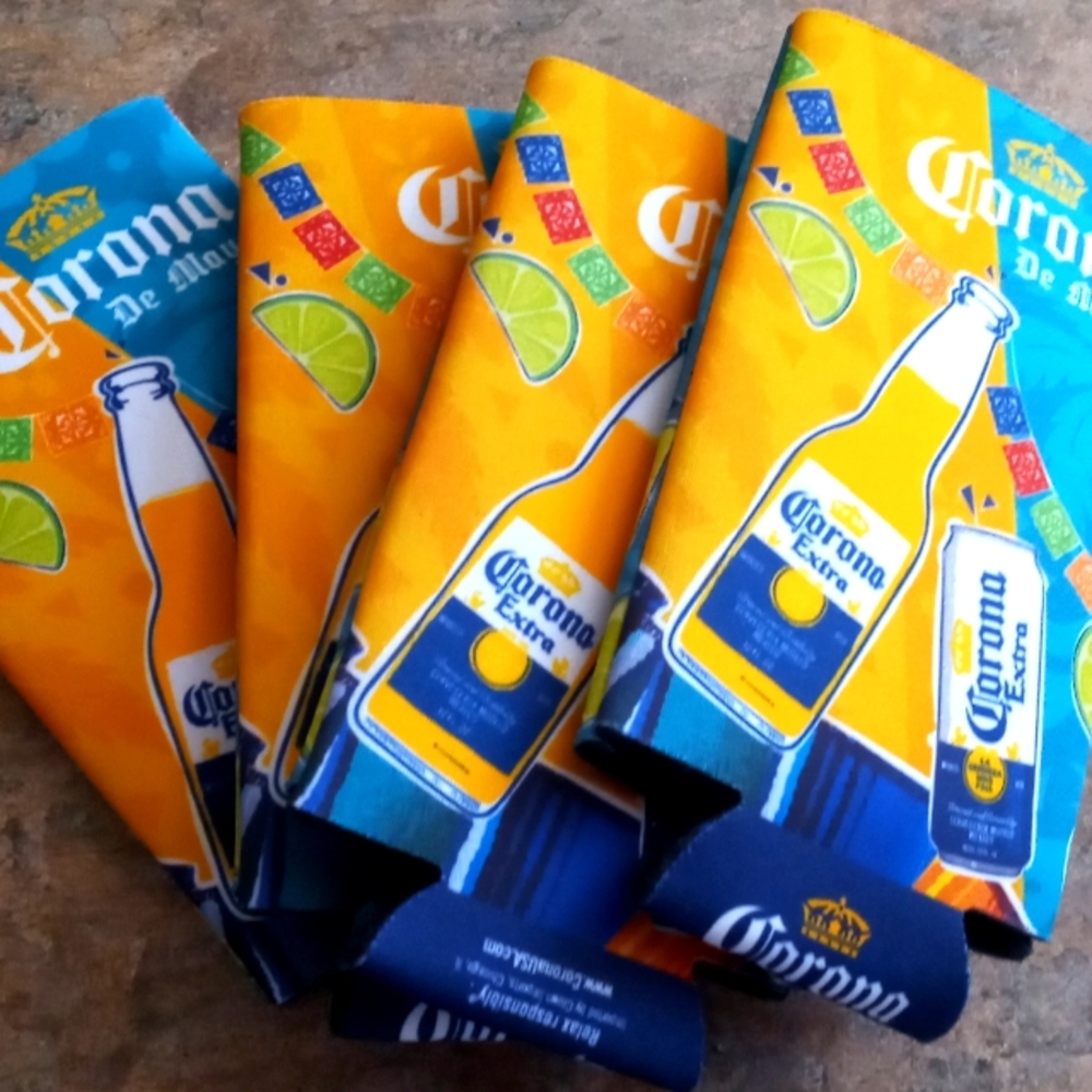 Corona Extra Bottle Print Can Coolers - Bright Yellow & Blue set of #4